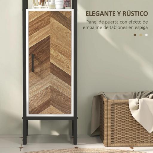 Armario Alto de Baño con 3 Estantes Abiertos 1 Puerta y Estante Ajustable Anti-vuelco 30x30x170 cm Blanco y Nogal [6]