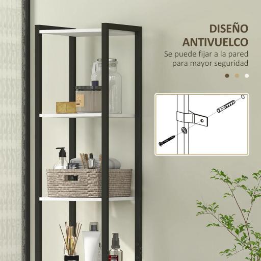 Armario Alto de Baño con 3 Estantes Abiertos 1 Puerta y Estante Ajustable Anti-vuelco 30x30x170 cm Blanco y Nogal [5]