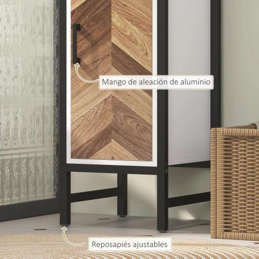 Armario Alto de Baño con 3 Estantes Abiertos 1 Puerta y Estante Ajustable Anti-vuelco 30x30x170 cm Blanco y Nogal [1]