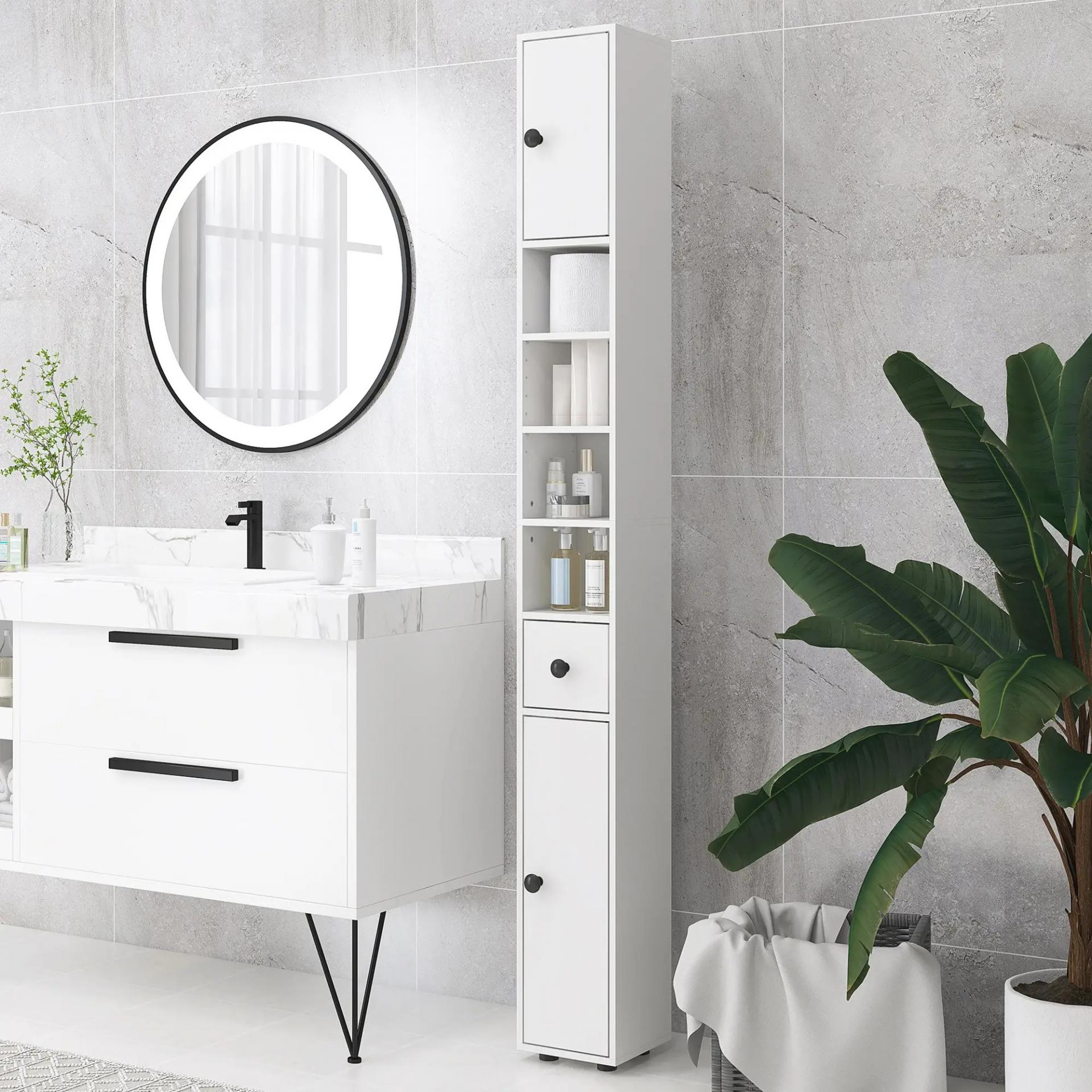 Mueble Auxiliar Baño Moderno con 1 Cajón 5 Estantes y 2 Armarios para Salón Dormitorio Carga 30 kg 20x20x180 cm Blanco