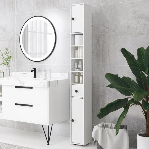 Mueble Auxiliar Baño Moderno con 1 Cajón 5 Estantes y 2 Armarios para Salón Dormitorio Carga 30 kg 20x20x180 cm Blanco