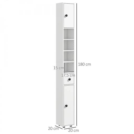 Mueble Auxiliar Baño Moderno con 1 Cajón 5 Estantes y 2 Armarios para Salón Dormitorio Carga 30 kg 20x20x180 cm Blanco [1]
