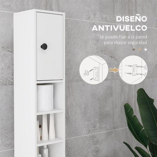 Mueble Auxiliar Baño Moderno con 1 Cajón 5 Estantes y 2 Armarios para Salón Dormitorio Carga 30 kg 20x20x180 cm Blanco [2]