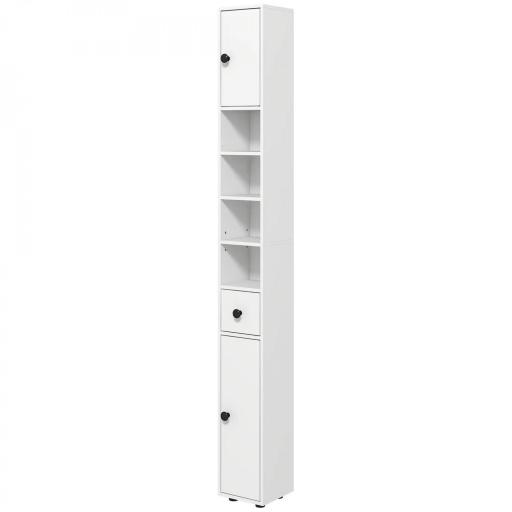 Mueble Auxiliar Baño Moderno con 1 Cajón 5 Estantes y 2 Armarios para Salón Dormitorio Carga 30 kg 20x20x180 cm Blanco [9]