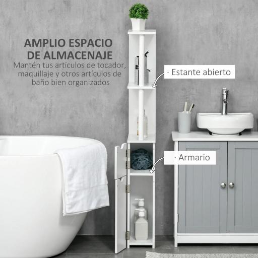 Mueble de Baño con Puertas y Estantes Abiertos Armario de Baño Estilo Moderno 15,2x29,8x118 cm Blanco [7]