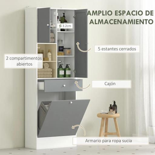 Armario de Baño con Cesto Ropa Sucia Espejo Cajón Compartimentos y Estantes Ajustables 62x28,3x181 cm Blanco y Gris [4]