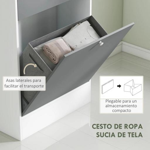 Armario de Baño con Cesto Ropa Sucia Espejo Cajón Compartimentos y Estantes Ajustables 62x28,3x181 cm Blanco y Gris [6]