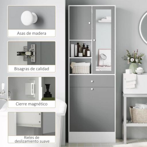 Armario de Baño con Cesto Ropa Sucia Espejo Cajón Compartimentos y Estantes Ajustables 62x28,3x181 cm Blanco y Gris [5]