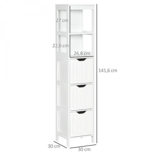 Armario Alto de Baño Estrecho con 3 Cajones y 2 Estantes Abiertos Estilo Moderno 30x30x141,6 cm Blanco [1]