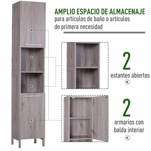 Columna de Baño Mueble Alto y Estrecho con Estantes Abiertos y 2 Armarios 30x32x172,5 cm Madera Grisácea [3]