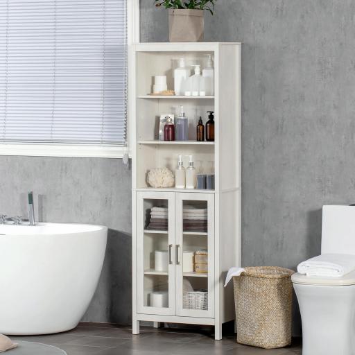 Columna de Baño con 2 Puertas de Vidrio y 3 Estantes Mueble Auxiliar de Estilo Moderno 53x30x162 cm Blanco
