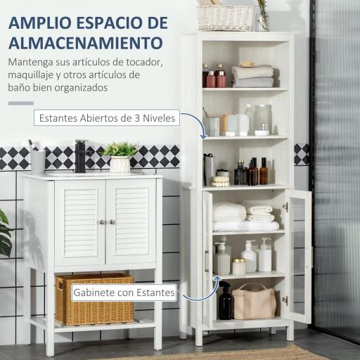 Columna de Baño con 2 Puertas de Vidrio y 3 Estantes Mueble Auxiliar de Estilo Moderno 53x30x162 cm Blanco [3]