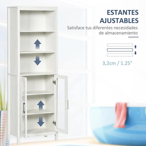 Columna de Baño con 2 Puertas de Vidrio y 3 Estantes Mueble Auxiliar de Estilo Moderno 53x30x162 cm Blanco [2]