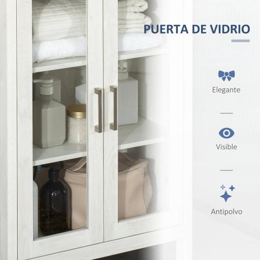 Columna de Baño con 2 Puertas de Vidrio y 3 Estantes Mueble Auxiliar de Estilo Moderno 53x30x162 cm Blanco [4]