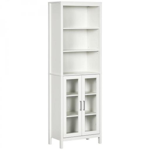 Columna de Baño con 2 Puertas de Vidrio y 3 Estantes Mueble Auxiliar de Estilo Moderno 53x30x162 cm Blanco [8]