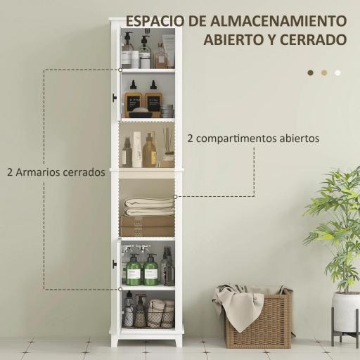 Columna de Baño con Estantes Ajustables 2 Puertas con Frontal de Ratán y 2 Compartimentos 40x30x167,5 cm Blanco [5]