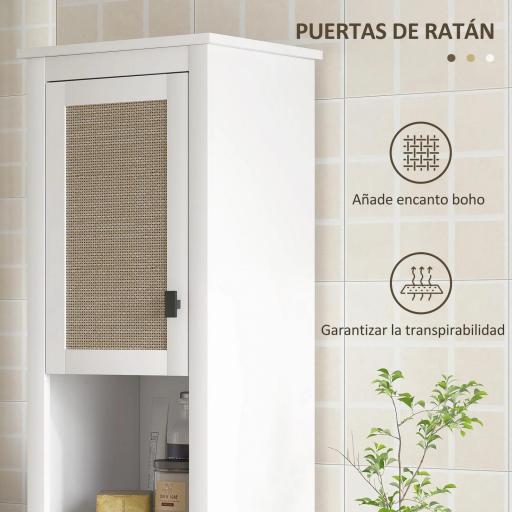 Columna de Baño con Estantes Ajustables 2 Puertas con Frontal de Ratán y 2 Compartimentos 40x30x167,5 cm Blanco [4]