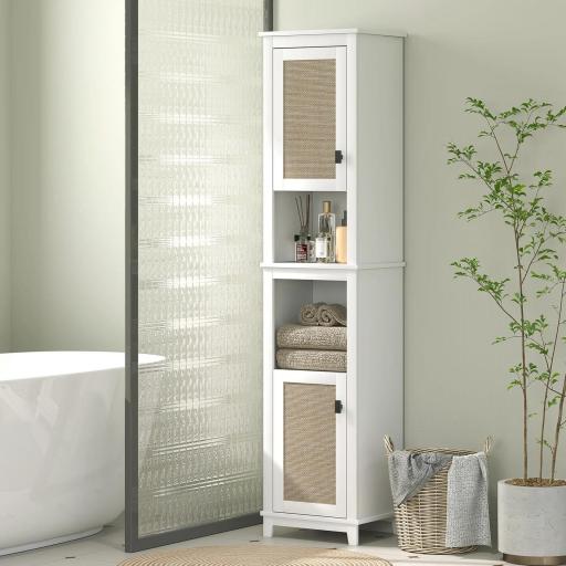 Columna de Baño con Estantes Ajustables 2 Puertas con Frontal de Ratán y 2 Compartimentos 40x30x167,5 cm Blanco [6]