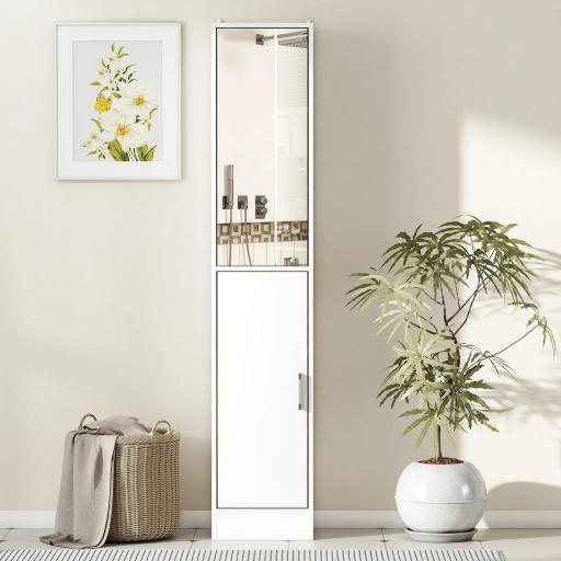 Armario para Baño Alto Mueble Columna de Baño con Espejo 2 Puertas y Estantes Ajustables Multiusos 32x28x162 cm Blanco [3]