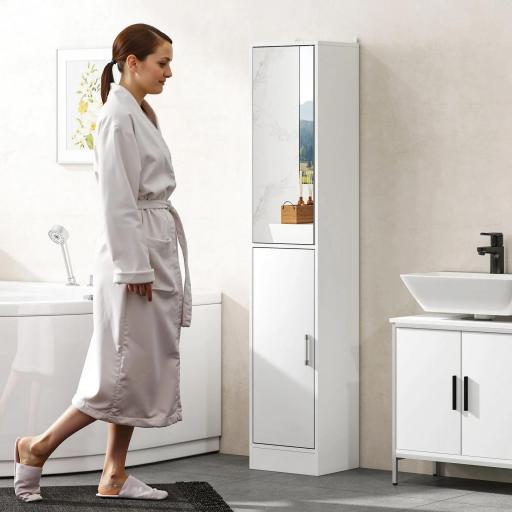 Armario para Baño Alto Mueble Columna de Baño con Espejo 2 Puertas y Estantes Ajustables Multiusos 32x28x162 cm Blanco [6]
