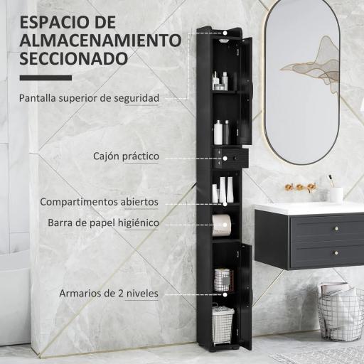Columna de Baño con 2 Puertas Compartimento Abierto Estantes Ajustables y Portarrollos 20x20x185 cm Negro [5]