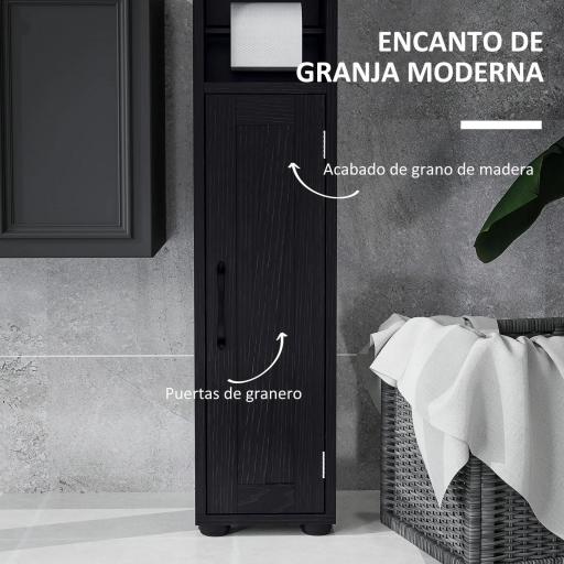 Columna de Baño con 2 Puertas Compartimento Abierto Estantes Ajustables y Portarrollos 20x20x185 cm Negro [2]