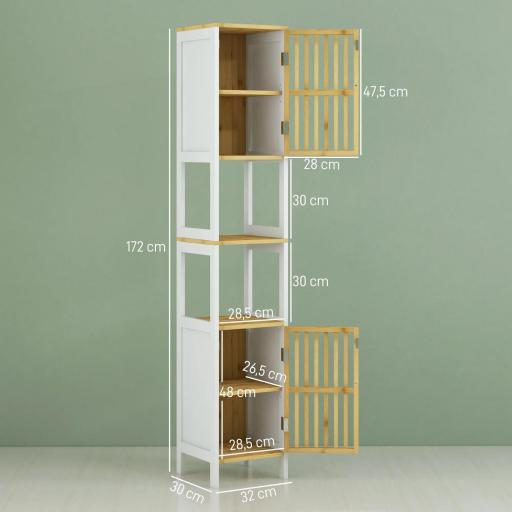 Columna de Baño Mueble de Baño Alto con 2 Compartimentos 2 Puertas de Rejilla y Estantes Ajustables 32x30x172 cm Blanco [1]