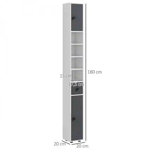 Columna de Baño con 1 Cajón 5 Estantes y 2 Puertas para Salón Dormitorio Carga 30 kg 20x20x180 cm Gris [1]