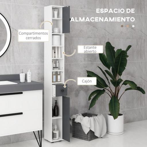 Columna de Baño con 1 Cajón 5 Estantes y 2 Puertas para Salón Dormitorio Carga 30 kg 20x20x180 cm Gris [3]