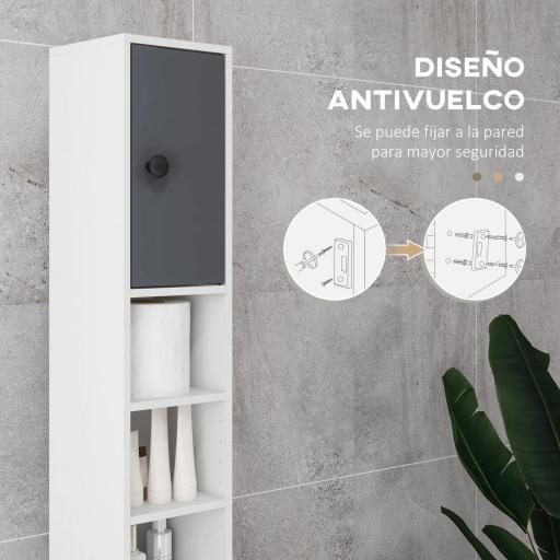 Columna de Baño con 1 Cajón 5 Estantes y 2 Puertas para Salón Dormitorio Carga 30 kg 20x20x180 cm Gris [4]