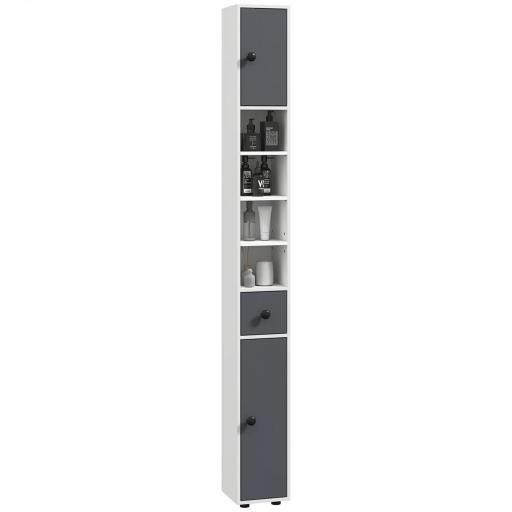 Columna de Baño con 1 Cajón 5 Estantes y 2 Puertas para Salón Dormitorio Carga 30 kg 20x20x180 cm Gris [9]