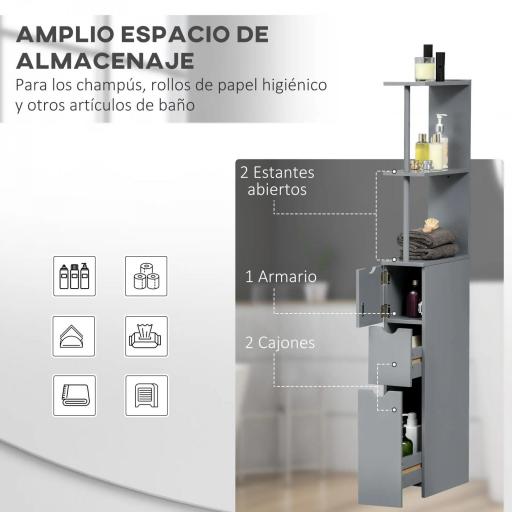 Columna de Baño Moderno Mueble Auxiliar de Baño con 2 Estantes 2 Cajones y 1 Puerta Antivuelco 15x33x136,5 cm Gris [3]
