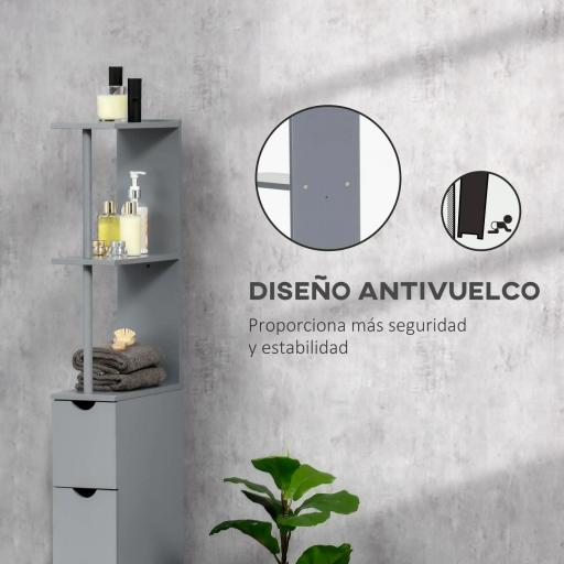 Columna de Baño Moderno Mueble Auxiliar de Baño con 2 Estantes 2 Cajones y 1 Puerta Antivuelco 15x33x136,5 cm Gris [5]