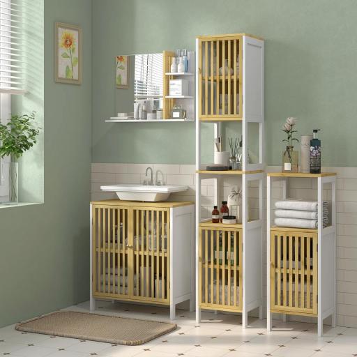 Columna de Baño Mueble Auxiliar de Baño con 1 Estante Abierto 1 Puerta y 1 Estante Ajustable 32x30x90,5 cm Natural