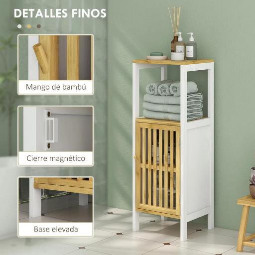 Columna de Baño Mueble Auxiliar de Baño con 1 Estante Abierto 1 Puerta y 1 Estante Ajustable 32x30x90,5 cm Natural [4]
