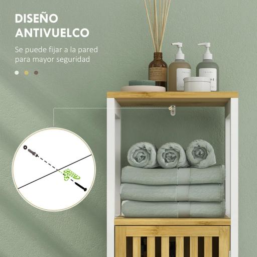 Columna de Baño Mueble Auxiliar de Baño con 1 Estante Abierto 1 Puerta y 1 Estante Ajustable 32x30x90,5 cm Natural [3]