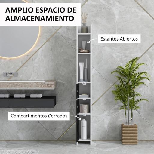  Columna de Baño con 3 Puertas y 3 Estantes Abiertos Armario de Baño Alto Estilo Moderno 15x17x120 cm Blanco y Negro [2]