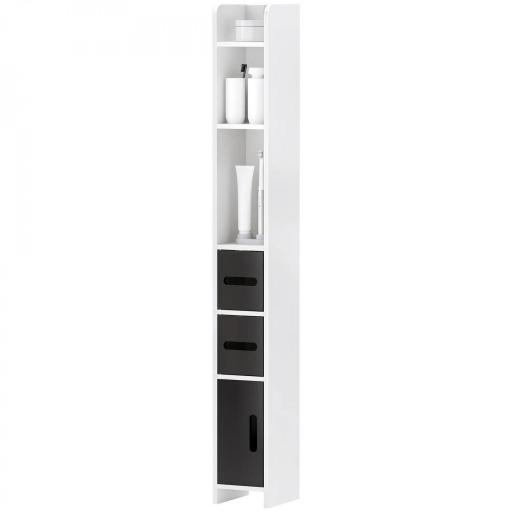  Columna de Baño con 3 Puertas y 3 Estantes Abiertos Armario de Baño Alto Estilo Moderno 15x17x120 cm Blanco y Negro [10]