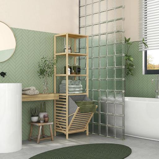 Estantería de Almacenaje Mueble de Baño con 3 Estantes y 1 Cesto para Ropa Sucia Desmontable 44x33x160 cm Natural