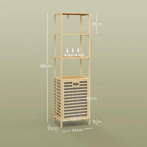 Estantería de Almacenaje Mueble de Baño con 3 Estantes y 1 Cesto para Ropa Sucia Desmontable 44x33x160 cm Natural [1]