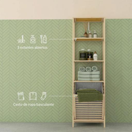 Estantería de Almacenaje Mueble de Baño con 3 Estantes y 1 Cesto para Ropa Sucia Desmontable 44x33x160 cm Natural [2]