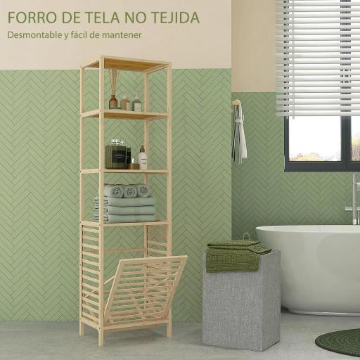 Estantería de Almacenaje Mueble de Baño con 3 Estantes y 1 Cesto para Ropa Sucia Desmontable 44x33x160 cm Natural [3]