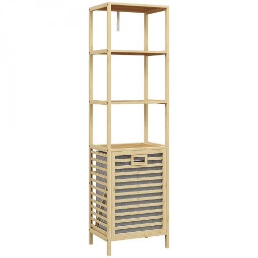 Estantería de Almacenaje Mueble de Baño con 3 Estantes y 1 Cesto para Ropa Sucia Desmontable 44x33x160 cm Natural [8]