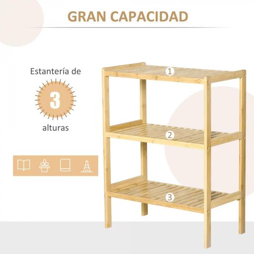 Estantería de Bambú de 3 Niveles Estantería de Pie Moderno Estante de Almacenamiento para Baño Cocina Salón Dormitorio Antivuelco 62x33x80 cm Natural [1]