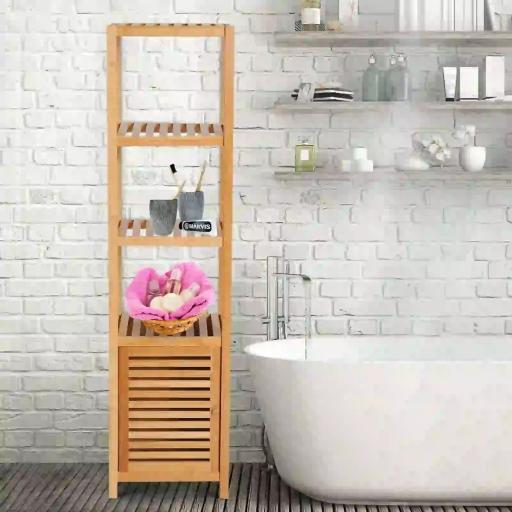 Estantería de Baño de Bambú Estantería de Almacenaje para Baño con 1 Puerta y 4 Estantes para Cocina Salón Dormitorio 33x36,5x140 cm Natural