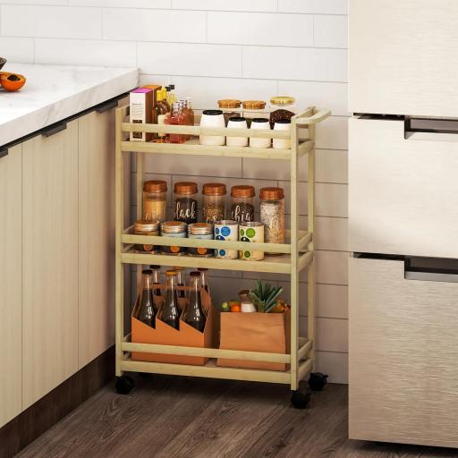 Estantería de Baño de Bambú de 3 Niveles Carrito Auxiliar de Almacenaje con Ruedas 55x20x75 cm Natural