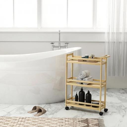 Estantería de Baño de Bambú de 3 Niveles Carrito Auxiliar de Almacenaje con Ruedas 55x20x75 cm Natural [6]