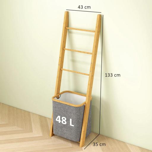 Estantería para Baño de Bambú Toallero de Pie con 3 Barras Cesto para Ropa Sucia Extraíble de 48 L Gris [1]