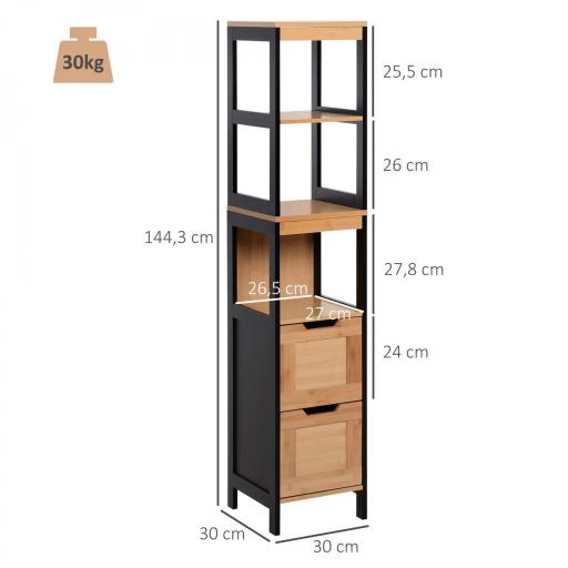 Armario Alto para Baño con 3 Estantes y 2 Cajones Estilo Moderno 30x30x144,3 cm Negro y Natural [1]