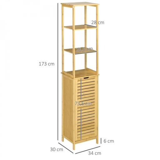 Estantería de Baño de Bambú Armario Alto para Baño con 3 Estantes y 1 Puerta Mueble Columna de Almacenaje 34x30x173 cm Natural [1]
